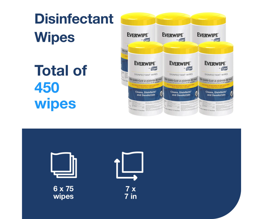 Six canisters of disinfectant wipes with yellow lids, totaling 450 wipes, displayed with size and quantity details. Everwipe® Disinfectant Wipe Canisters (7.01 in. x 3.39 in., 75 Wipes/Cannister, 450 Wipes/Case)